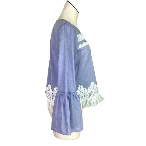 T Tahari Women M Lace Fringe Top Blue Relaxed Cotton Bell Cuff Sleeve Keyhole - Picture 4 of 8